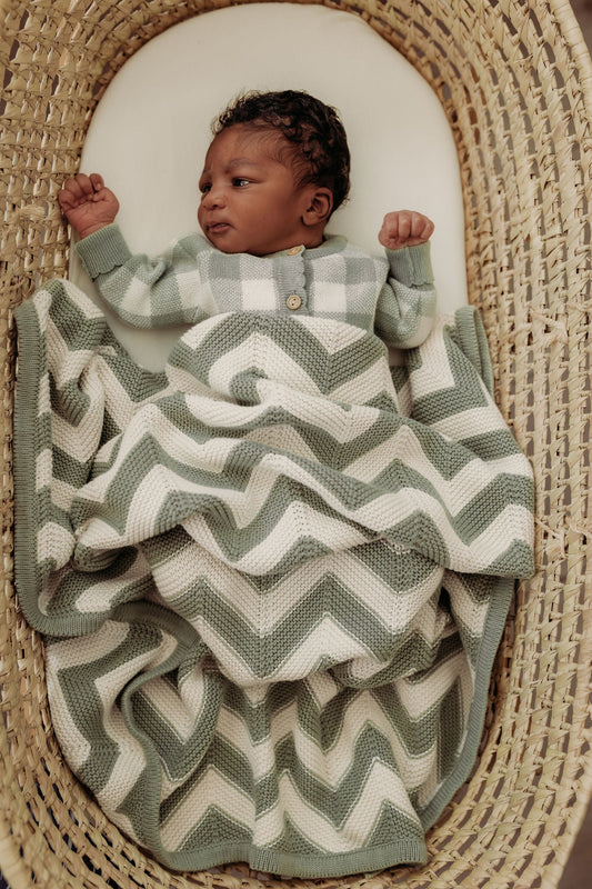 Organic Cotton Chevron Knit Baby Blanket - Sage/Cream