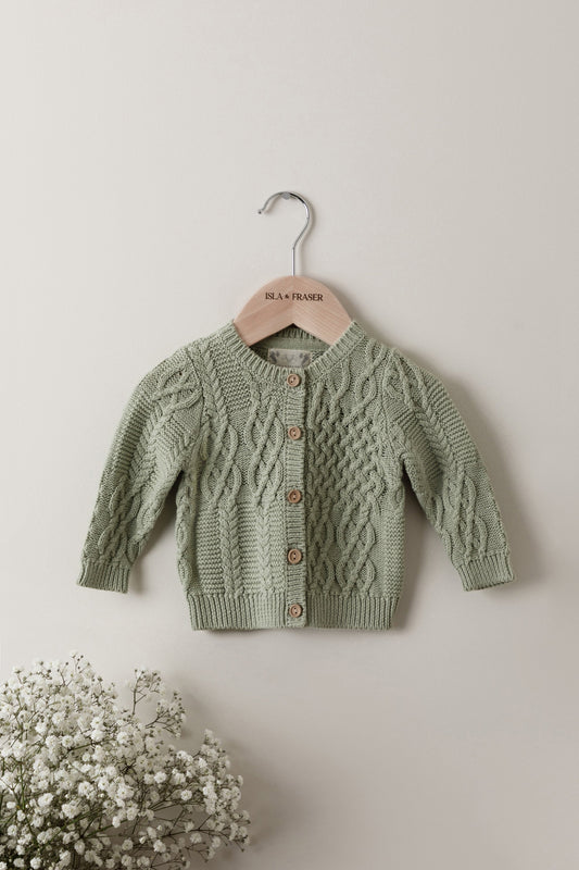 Organic Cotton Cable Knit Baby Cardigan - Sage