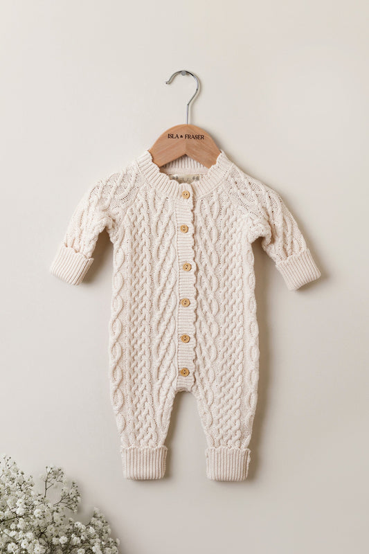 Organic Cotton Cable Knit Baby Romper - Oat