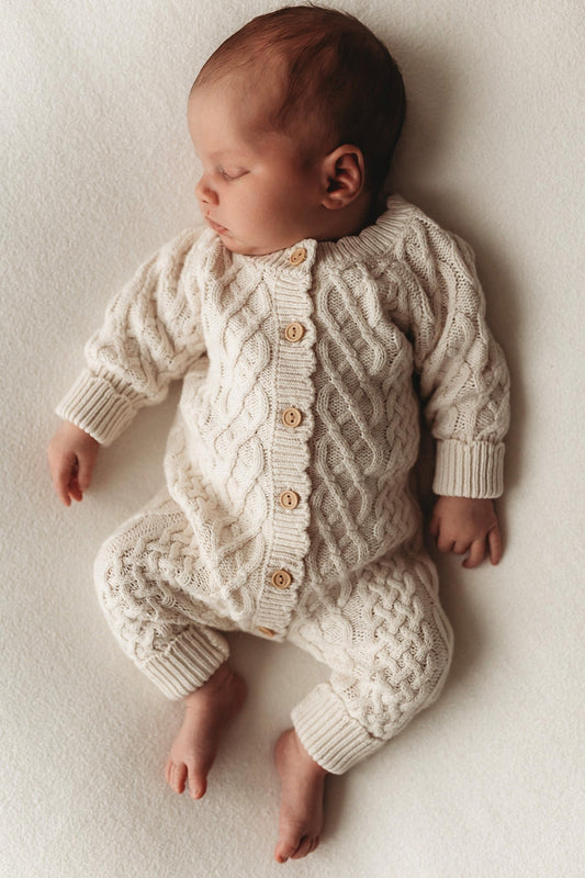 Organic Cotton Cable Knit Baby Romper - Oat
