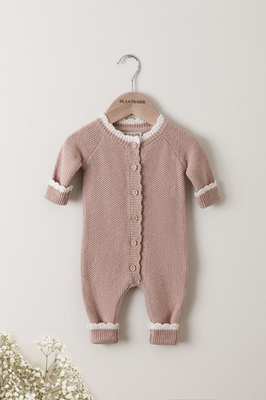 Organic Cotton Moss Stitch Tipped Baby Romper - Rose